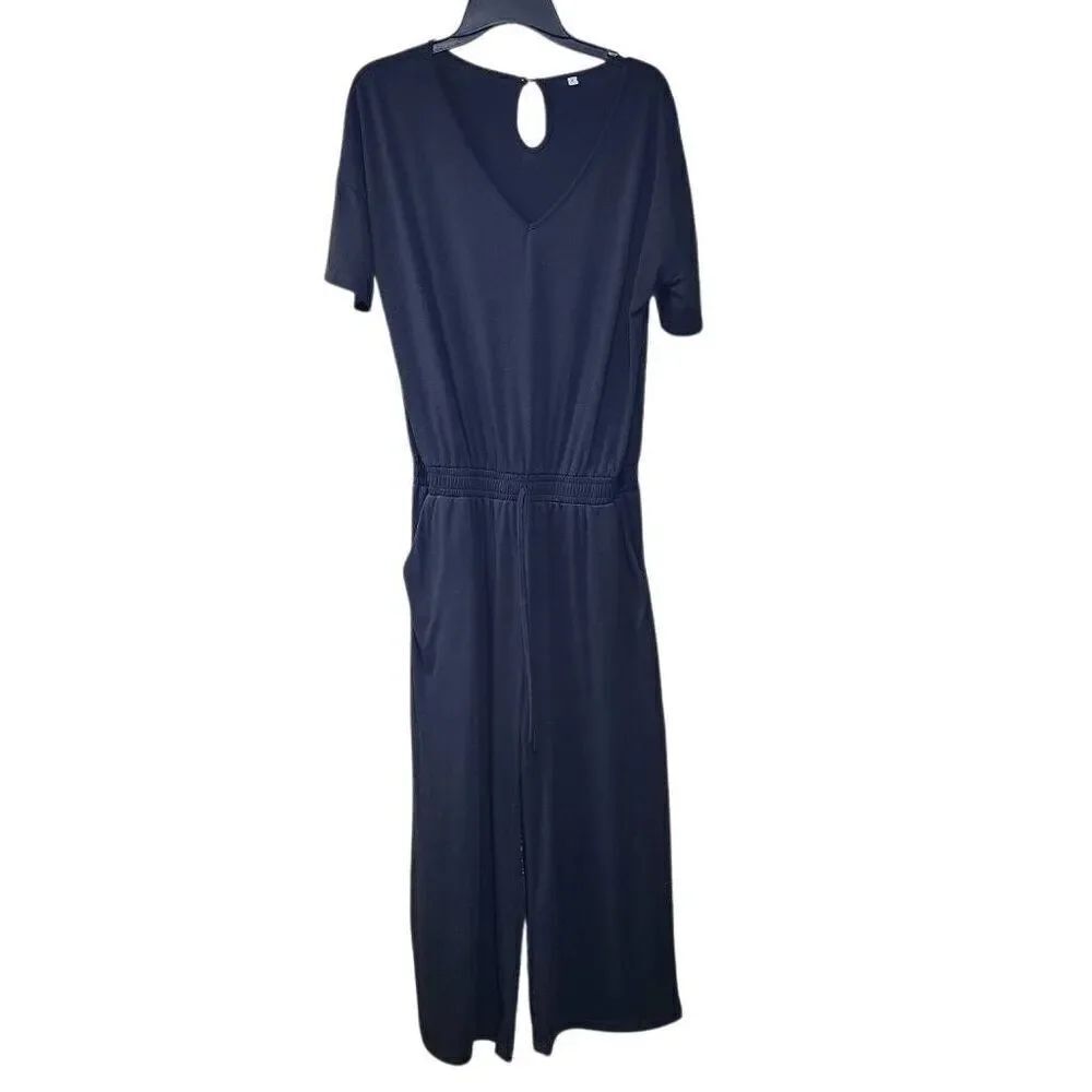 Women's XL Black Wide Leg Jumpsuit Cotton Comfort Loose Fit Cropped Short-Sleeve